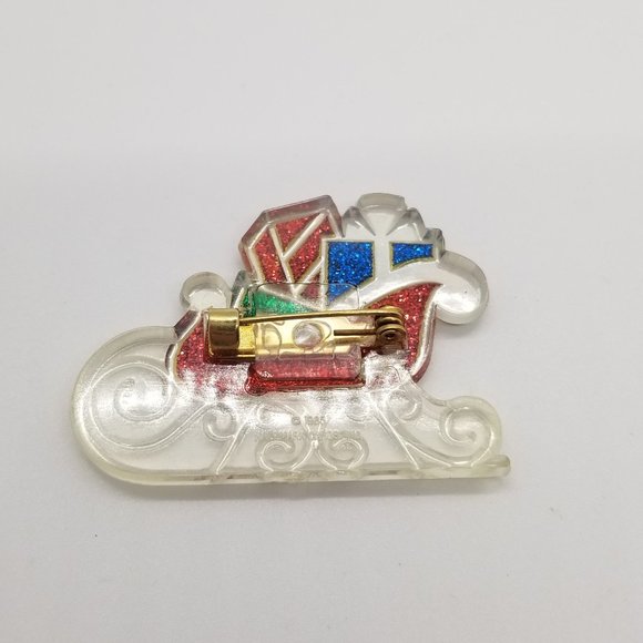 Glittered Enamel Christmas Sleigh Lucite Vintage Brooch Pin - Picture 2 of 2
